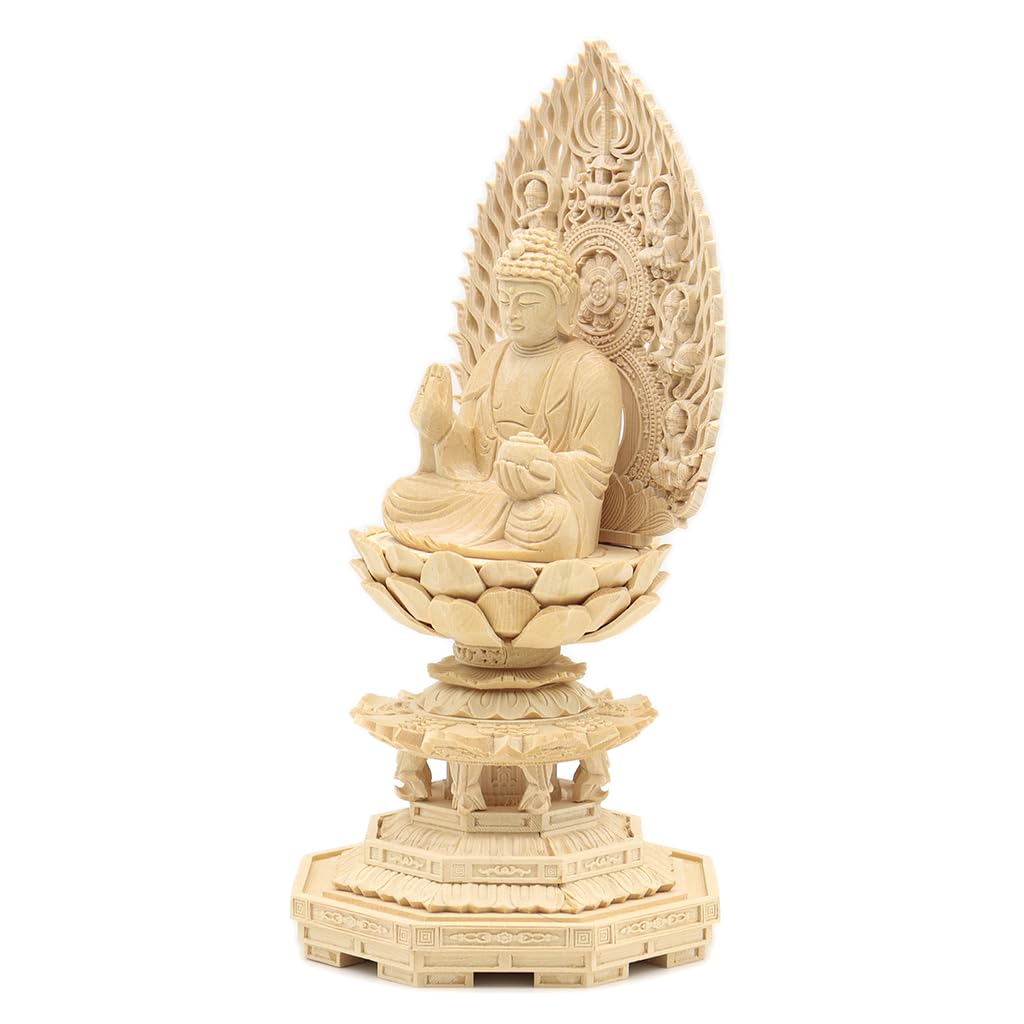 Special Buddhist Statue Yakushi Nyorai Seated Statue Inches Height 22 Width 10 Depth 10 Carved Cypress Wood Flying Celestial Halo Octagonal Base 6791
