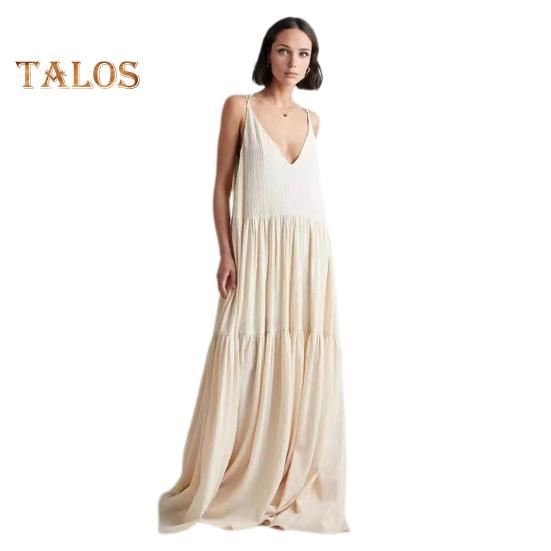 Lady Beach Dress Deep V Neck Loose A-line Patchwork Backless Sleeveless Pleated Vacation Strappy Dress Resort Wear Maxi Dress Floor Length Sundress