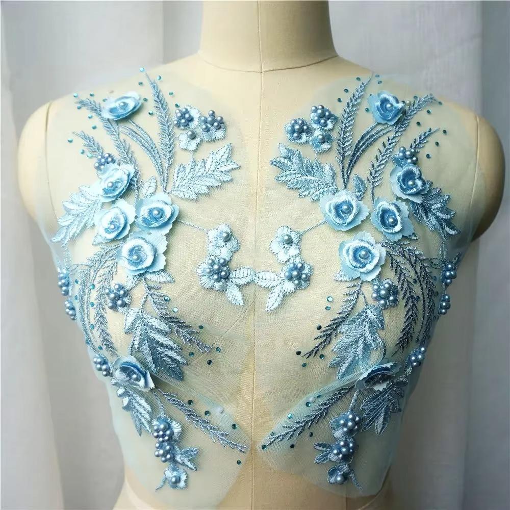 Appliques Sew White Black Wedding Gown Appliques 3D Flower Tassel Beads Lace Appliques Sew Patch