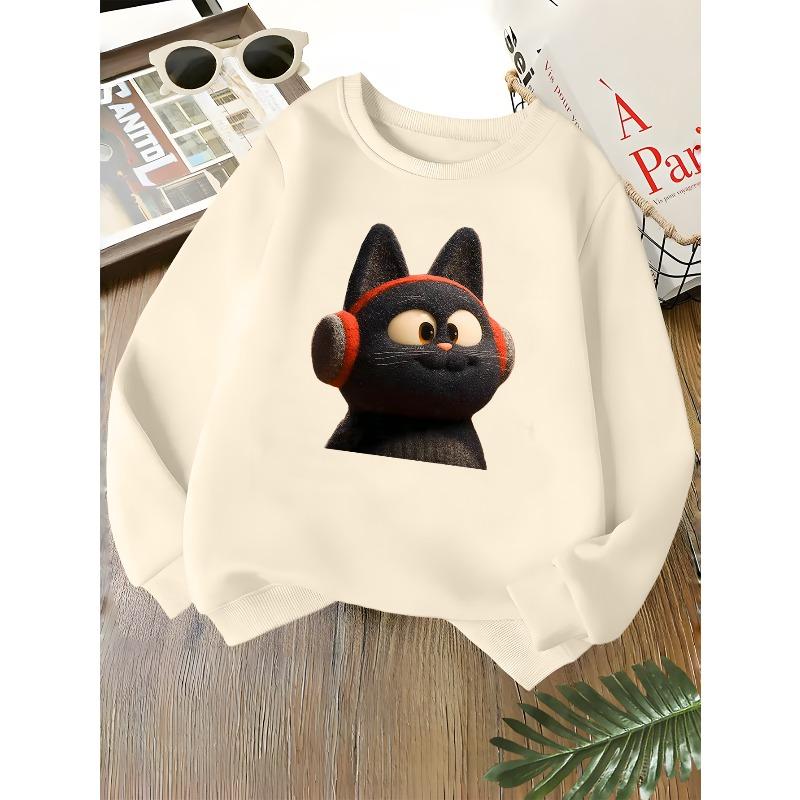 Kids Unisex Crewneck Sweatshirt, Cute Fuzzy Black Cat With Red Earmuffs Cartoon Print Soft Fleece Long Sleeve Pullover For Boys Girls Over 4 Years Old