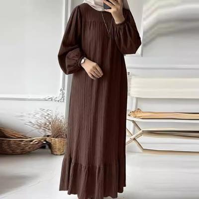 Women Robe Dress Crew Neck Long Puff Sleeves Pure Color Plus Size Patchwork Straight Pullover Casual Middle East Area Traditional Clothes Maxi Dress