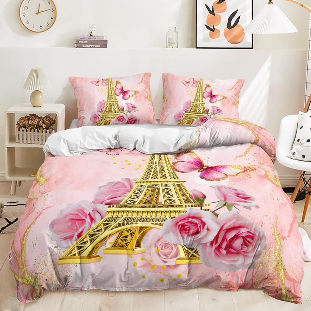 Comforter Romantic Eiffel Tower Microfiber Floral Bedding Set Paris Cityscape Twin Comforter For Girls Teen Adult Room