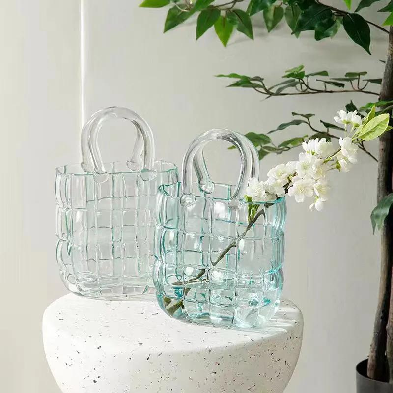 Clear Glass Vase Bag Handbag Basket Transparent Terrarium Flower Vase Floral Arrangement Accessories Living Room Decoration