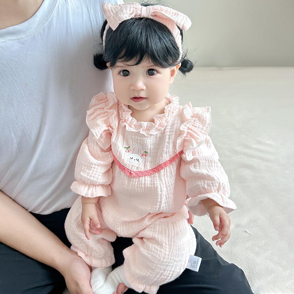 

2025 Baby Girls Autumn Cotton Romper Set: Double-Layer Harem Suit for Crawling with Headband - Full Moon Hundred Days Outfit Tag 66 рожевий