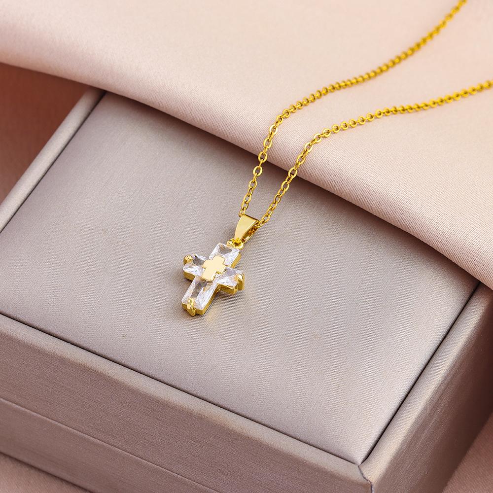 Sparkly Zircon Crystal Cross Pendant Necklaces For Women Trendy Female Stainless Steel Neck Chain Jewelry Girls Party Gift