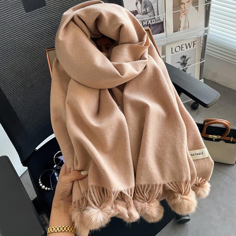 Solid Color Hairball Knitted Imitation Cashmere Scarf Female Winter Warm Student Cute Versatile Soft Girl Shawl