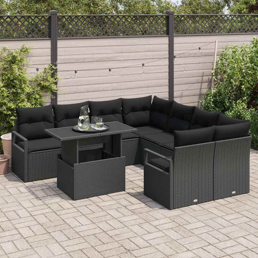 Garden Sofa Set with Cushions 9 pcs Black Poly Rattan