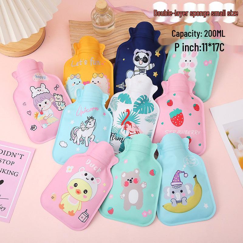 Refillable Cute Winter Cartoon Mini Hot Water Bottle - Transparent, Small, Flocked for Warm Hands  Belly
