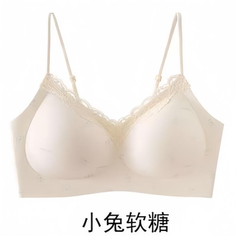 Pink Cute Lace Wireless Fixed Cup Bra For Small Chest Push Up
