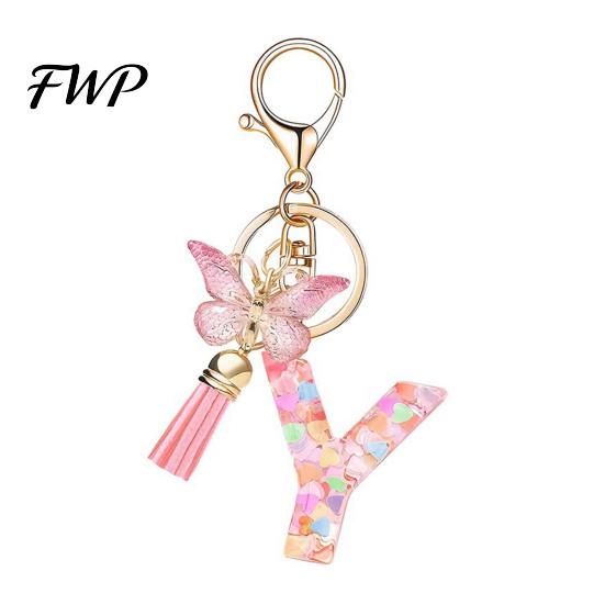 Initial Letter Charm Keychain Pink Series Pendant, Sequins Heart Key Chain with Holder Pendant Butterfly Tassel Design, A-Z for Bag Purse Backpack