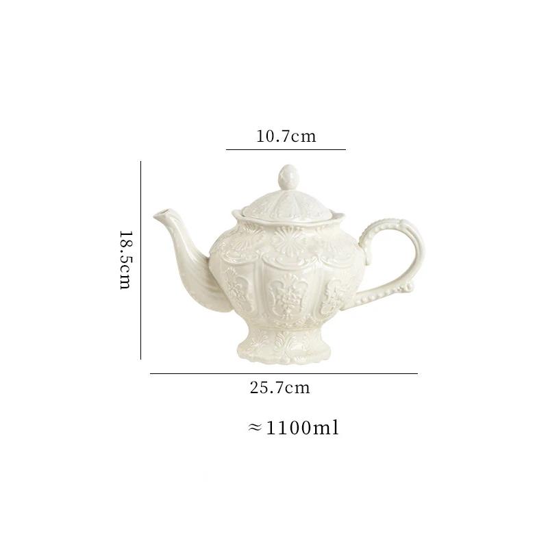 Ceramic Relief Teapot Afternoon Tea Cup Dish Set Household Dessert Plate Snack Plate High Leg Cake Plate Tea Set Household Goods