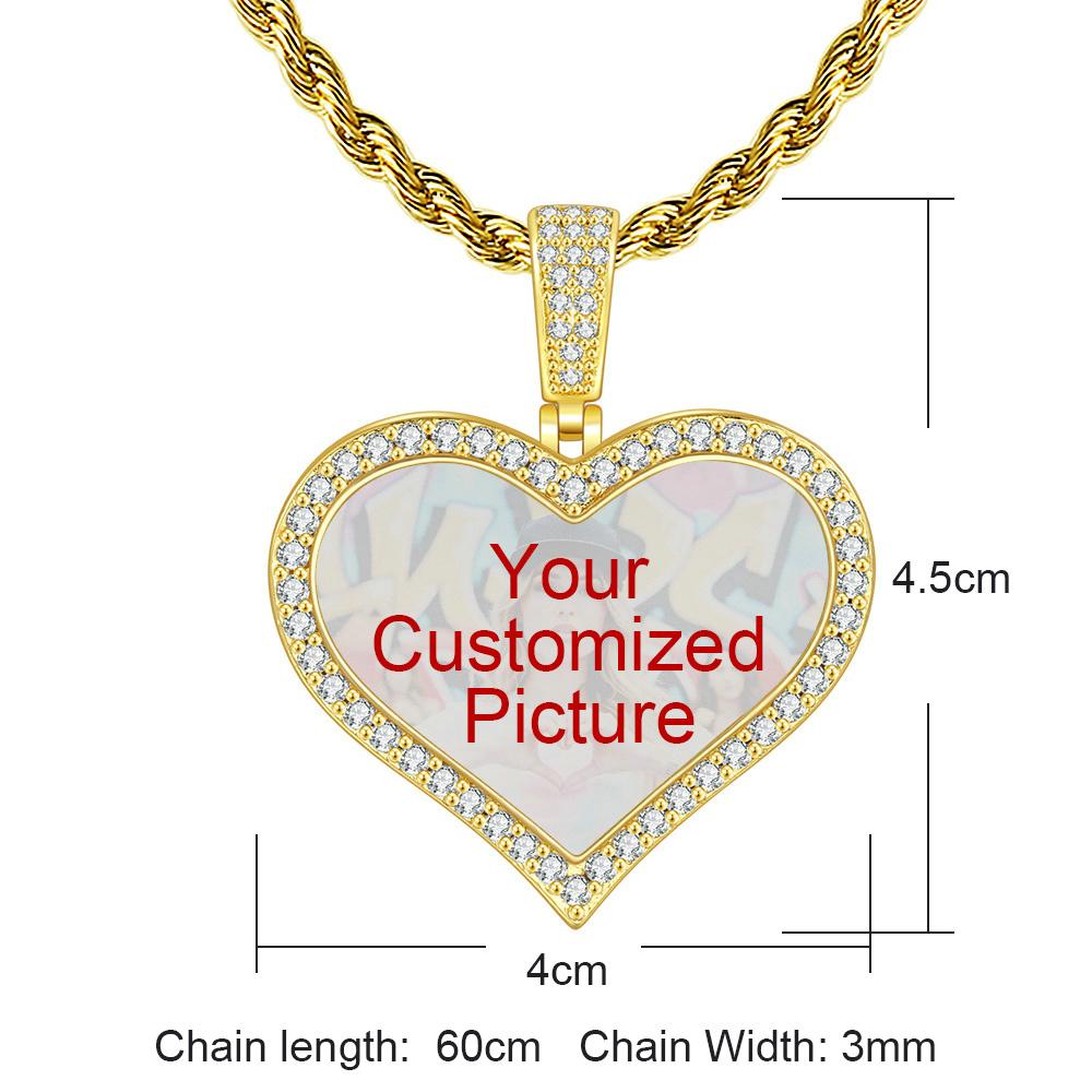 Personalized Customized Heart Photo Pendant For Women Tow Size Ice Out Gold Color Hip Hop Rock Fashion Jewelry Dropshipping
