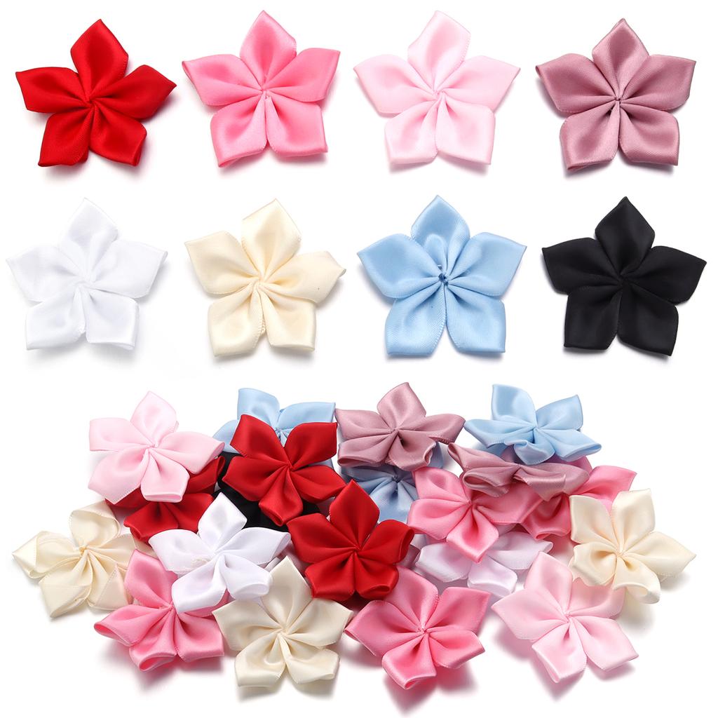 20 Stück 6cm Satinband Blume Bunt Künstliche Stoff Fünfblättrige Blumen Für DIY Hochzeit Kleidung Nähen Kopfschmuck Dekoration