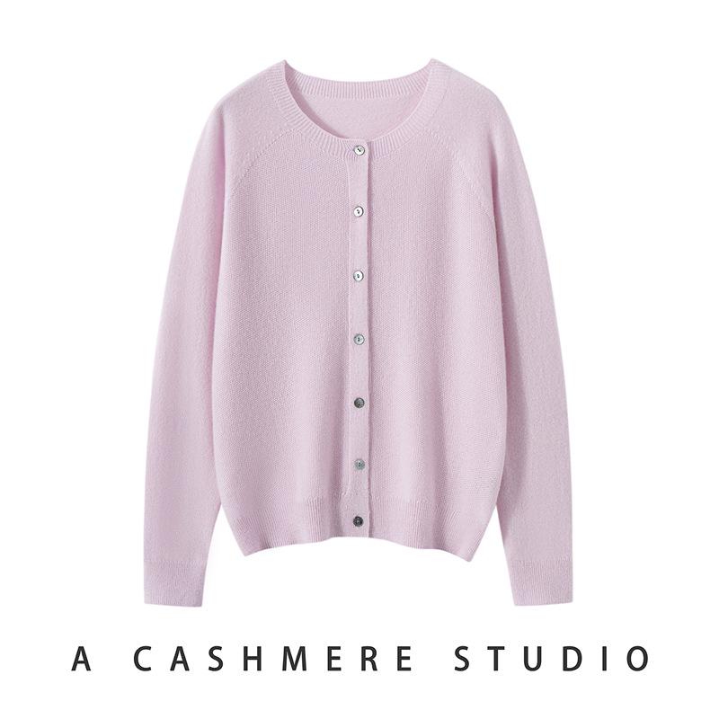 Women's 100% Pure Cashmere Round Neck Cardigan - Autumn/Winter, Loose Fit, Solid Color, Cozy Knit Sweater.