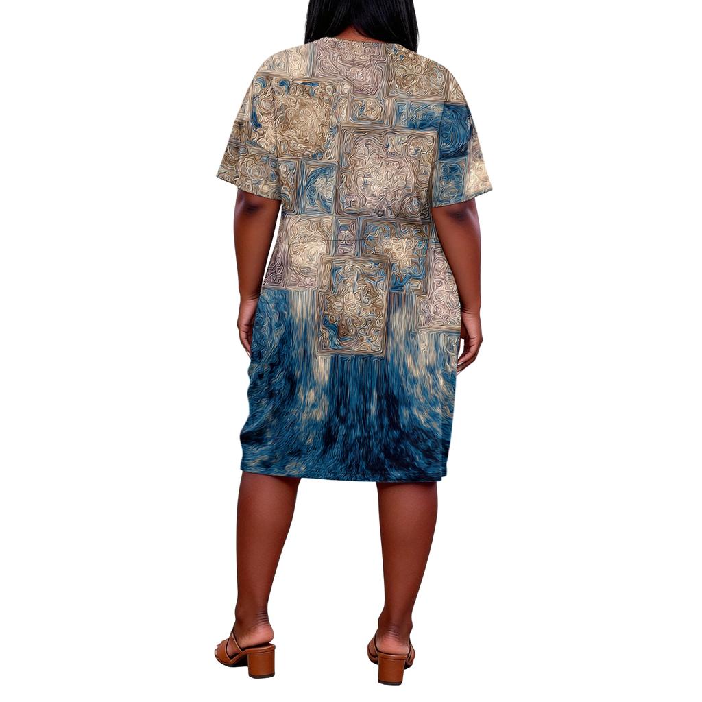 Letní nadměrné velikosti V výstřih krátký rukáv ke kolenům kapsa potisk ležérní šaty pro ženy