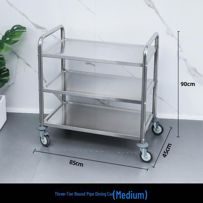 Three-tier Stainless Steel Service Cart: Meal, Food, Beverage, and Dish Collection Trolley for Restaurants and Hotels.