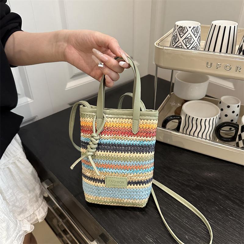 

Color Striped Bucket Bag Leather Top Handle Daily Mobile Phone Purse Stripes Woven Crossbody Bag Small Luxury Small Square Bags зелёный