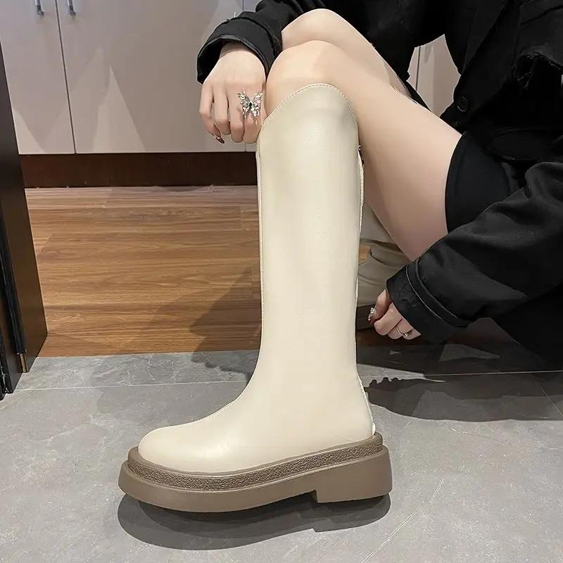 Fashion Middle Heel Long Boots for Women Hot New In Trend 2024 Demi-season Work Waterproof Winter Novelty Pu Knee High Shaft Shoes Woman
