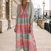 Women Spring Dress Bohemian Casual Color Matching V-neck Loose Dress-up Geometric Print Lantern