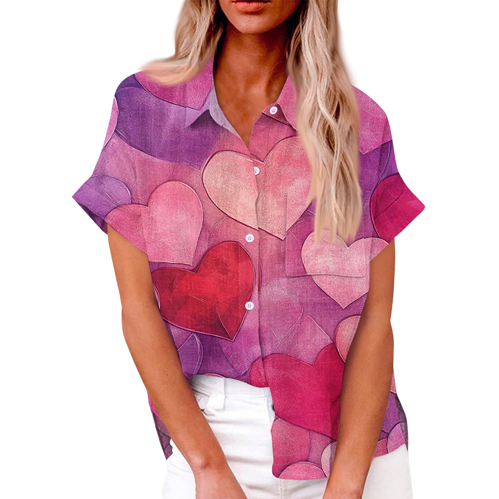 

Женская свободная повседневная рубашка с короткими рукавами и отворотом с цифровым принтом и карманом S