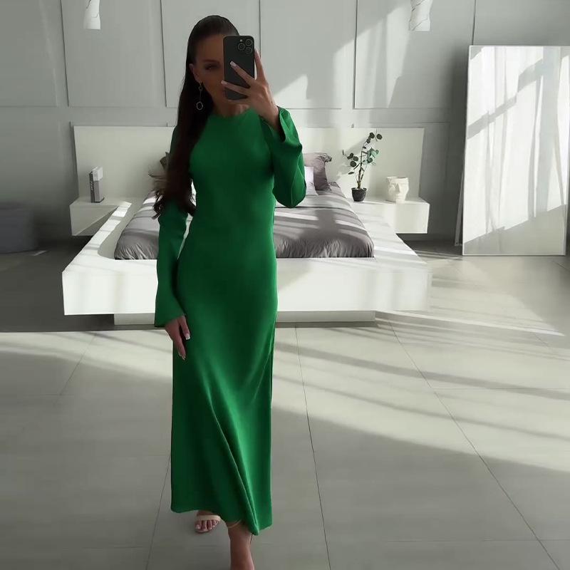 

2024 Осень Европейское и американское однотонное платье-бодикон с круглым вырезом и длинными рукавами, подчеркивающее фигуру, для женщин XXXL зелёный