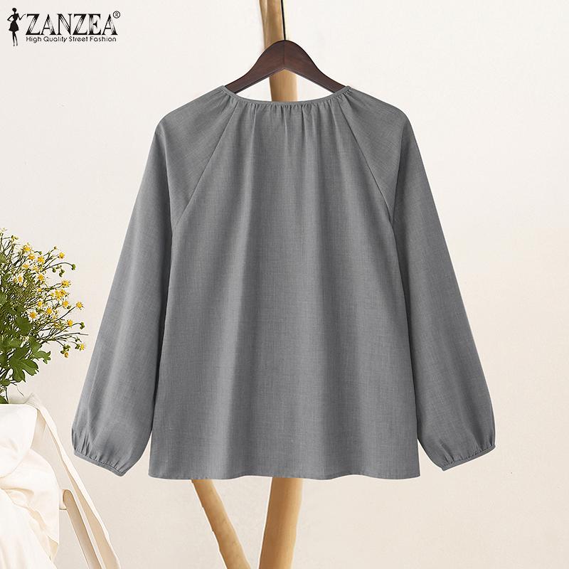 ZANZEA Women Casual Round Neck Solid Color Loose Long Sleeve Blouse