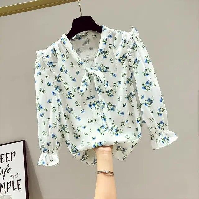 

Новый летний топ с рукавами 3/4, женская шифоновая рубашка с воротником-шарфом и бантом, блузка с цветочным принтом, S-3XL L синий