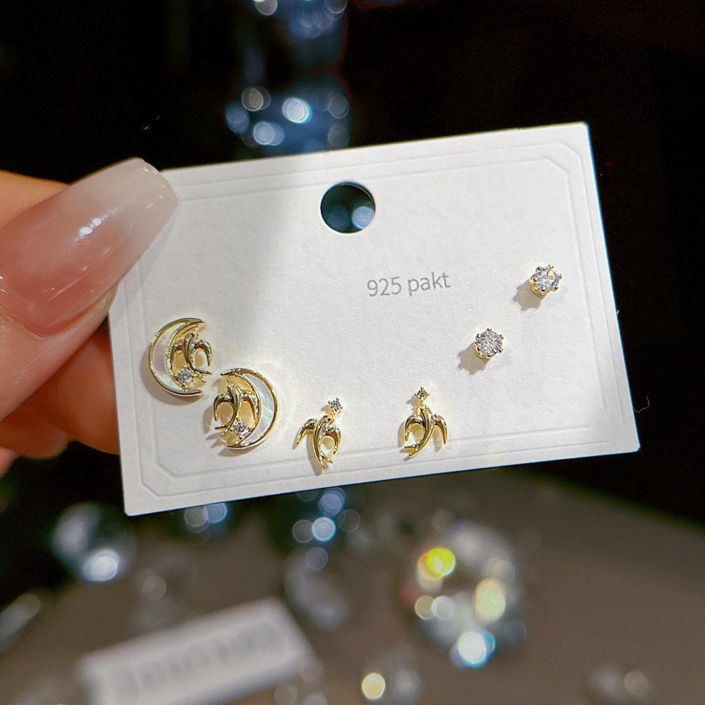 925 Silber Nadel Ohrring Set - Goldene Schleife und Persönlichkeitsdesigns, Drei Paare