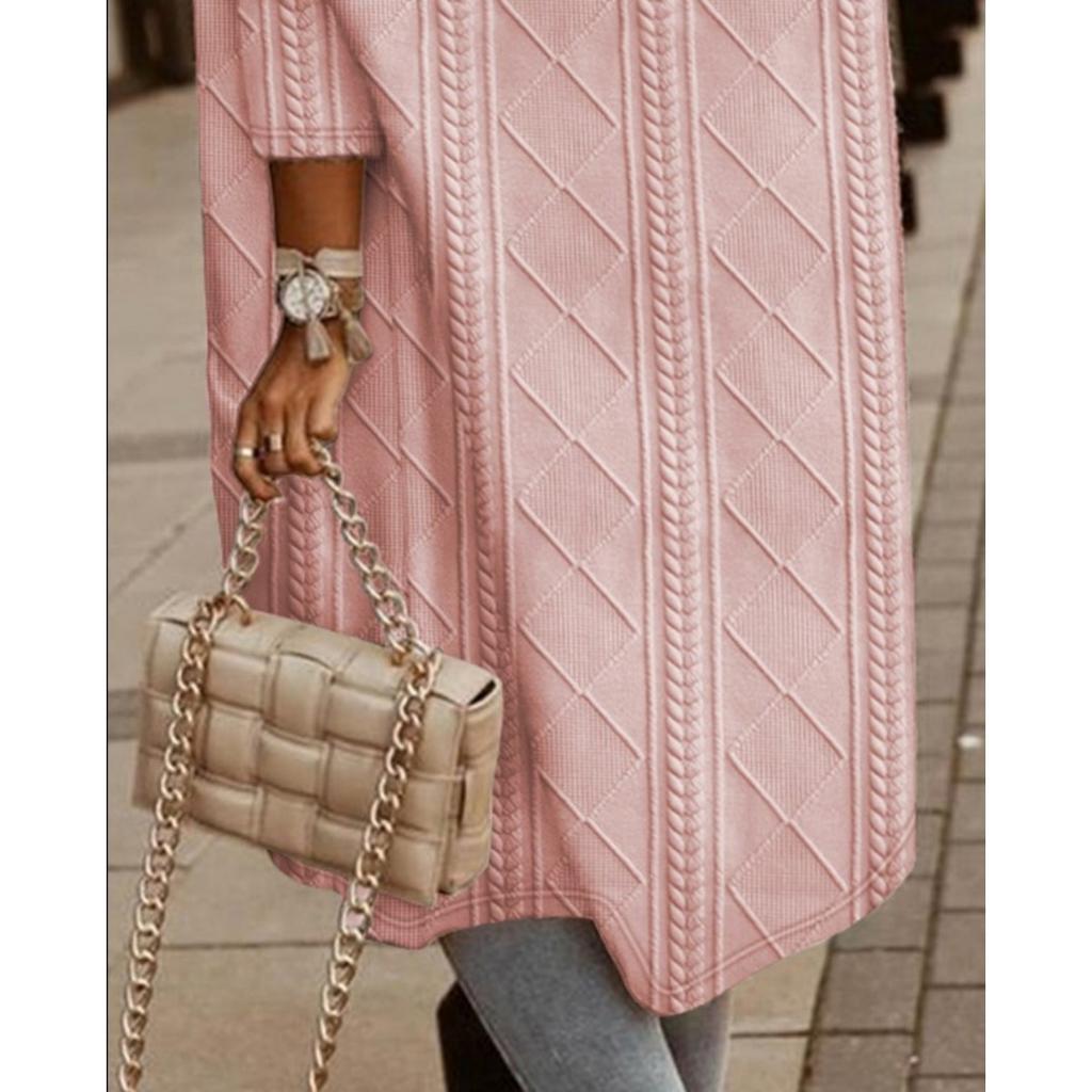 Dámský ležérní dlouhý kardigan s kapucí a kapsami - béžový, kulatý výstřih, dlouhý rukáv, podzimní/zimní móda, vrstvení, mikina svetr