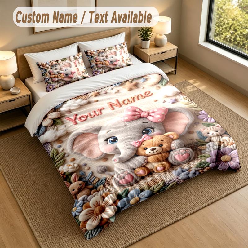 Elephant Theme Personalized 3Pcs Bedding Set Custom Text & Name 1 Sheet 2 Pillowcases Household Bedding 1pc