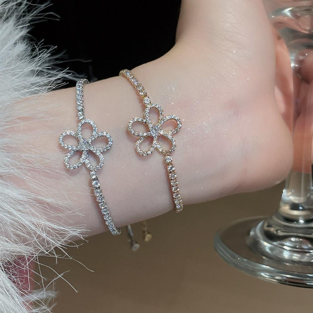 Five Petal Flower Zircon Floral Bracelets Luxurious Korean Ins Hand Bracelet  Vacation