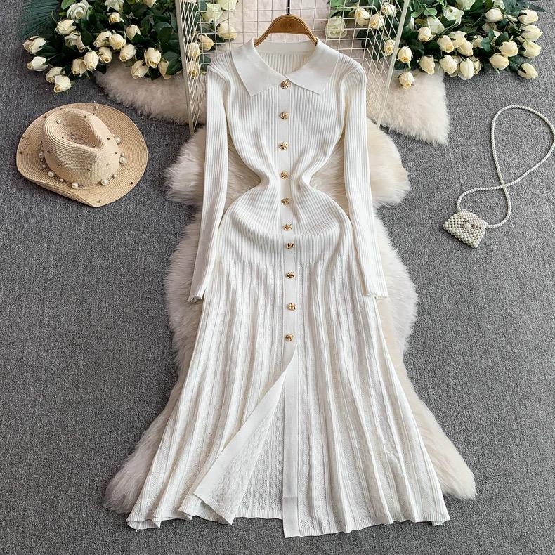 Women Dress Autumn Winter Vintage Turn-down Collar Long Sweater Dress Elegant Office Lady Dresses Chic Party Vestidos