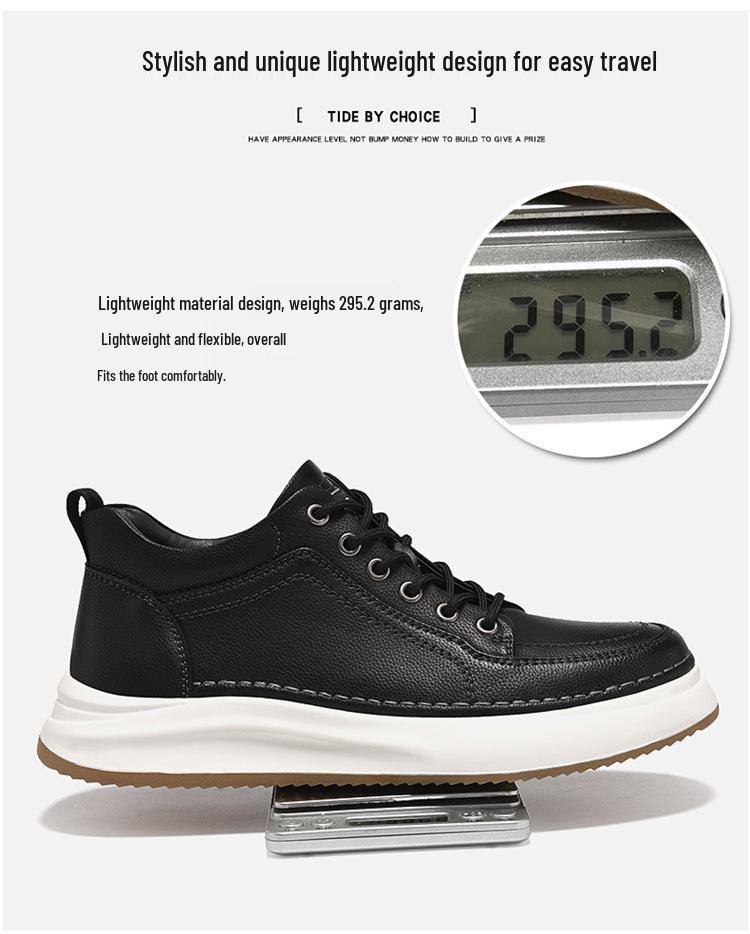 Men's White Leather Low-Top Skate Shoes with Thick Sole, British Style, Height Increasing, Trendy and Versatile.