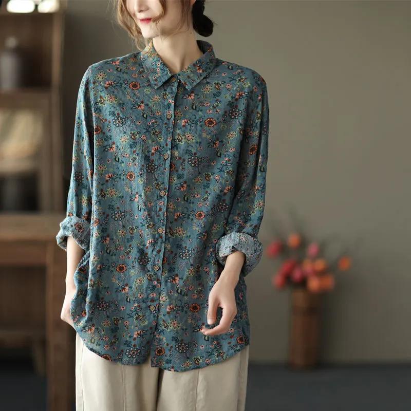 Vintage Bedrucktes Reversknopf All-Match Blumenhemd Damenbekleidung Herbst Locker Lässig Oberteile Langarm Pendel Bluse