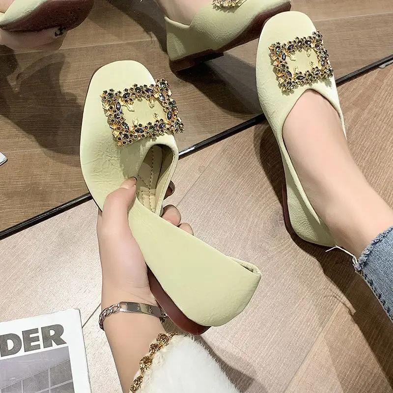Fashion With Crystals Green Shoes for Women Diamond Square Toe Woman Flats Rhinestone on Promotion Low Price Chic and Elegant Wholesale