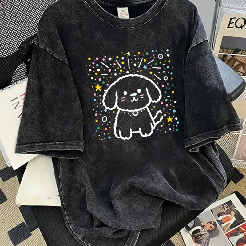 Retro Washed Animal Print T-shirt Oversized Cartoon Round-neck Short-sleeved Top Pure Cotton Short-sleeve