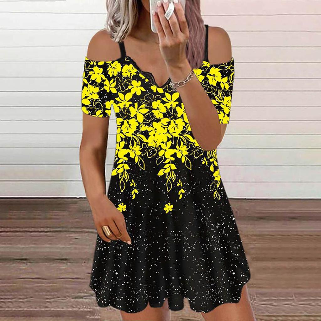 Women's Casual Printing V-neck Lace Sling Skirt Sun Skirt
