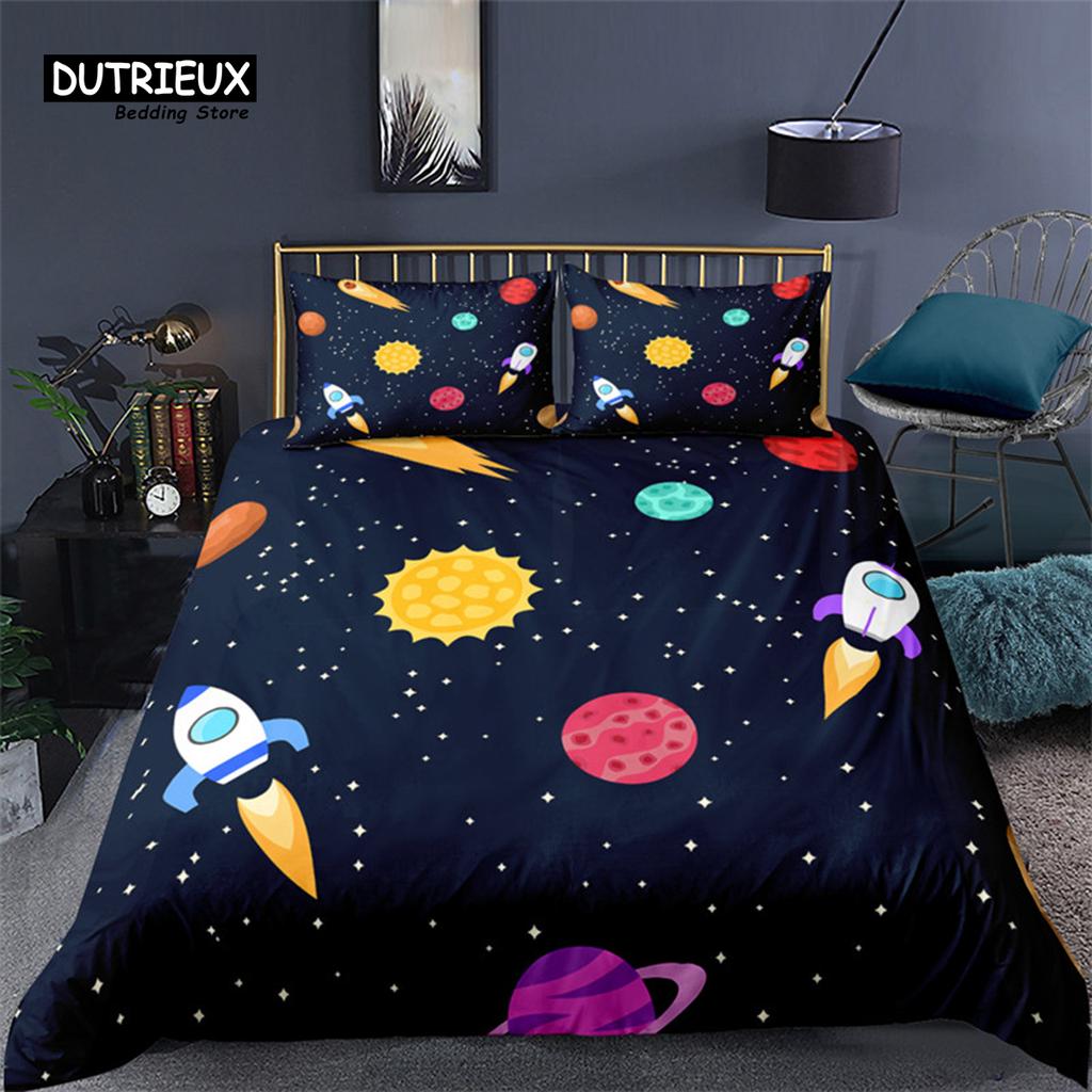 Cartoon Starry Sky Bedding Set Microfiber Romantic Universe 3D Print Duvet Cover For Kids Teen Boy Girl Festival Gift Room Decor