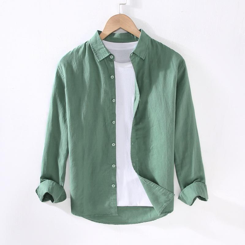 Linear Long-sleeved Men's Japanese Casual Loose Cotton Linen Shirt Spring and Summer Outfit Inch Shirt