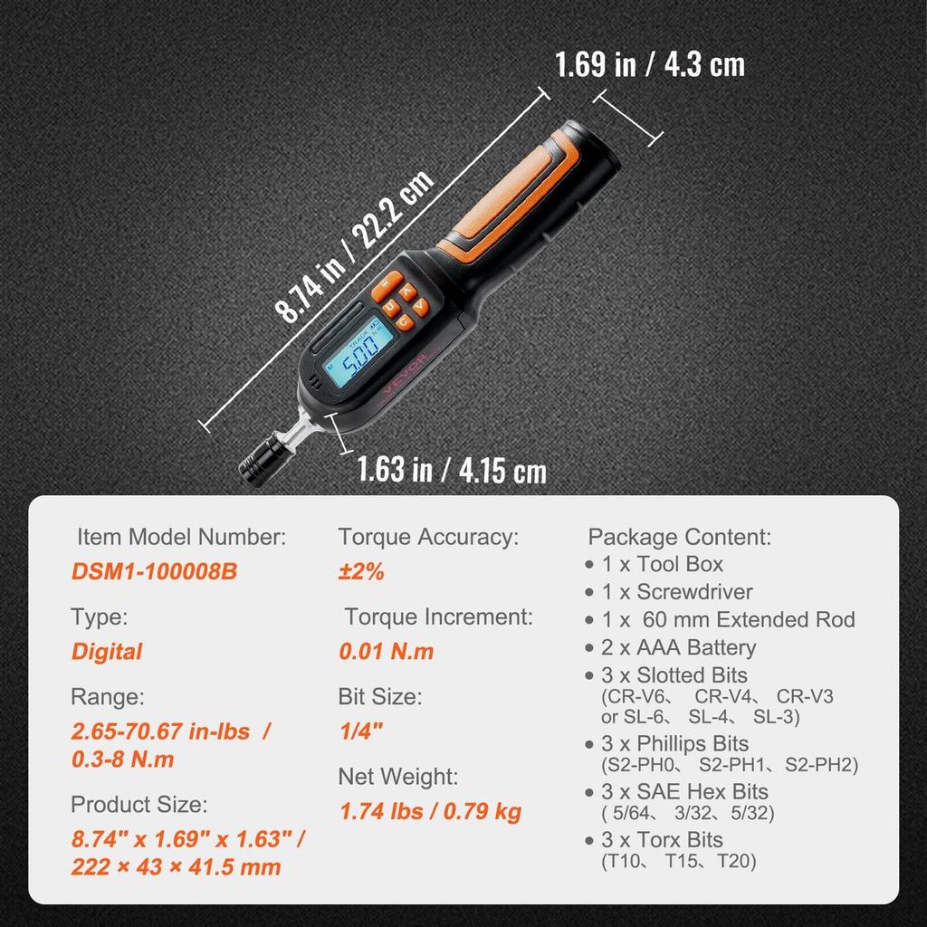 Digital Torque Screwdriver, 1/4" Drive Screwdriver Torque Wrench, Electrician Torque Screwdriver with LCD, 2.65-70.67 In-lbs Torque Range, 0.01 N.m