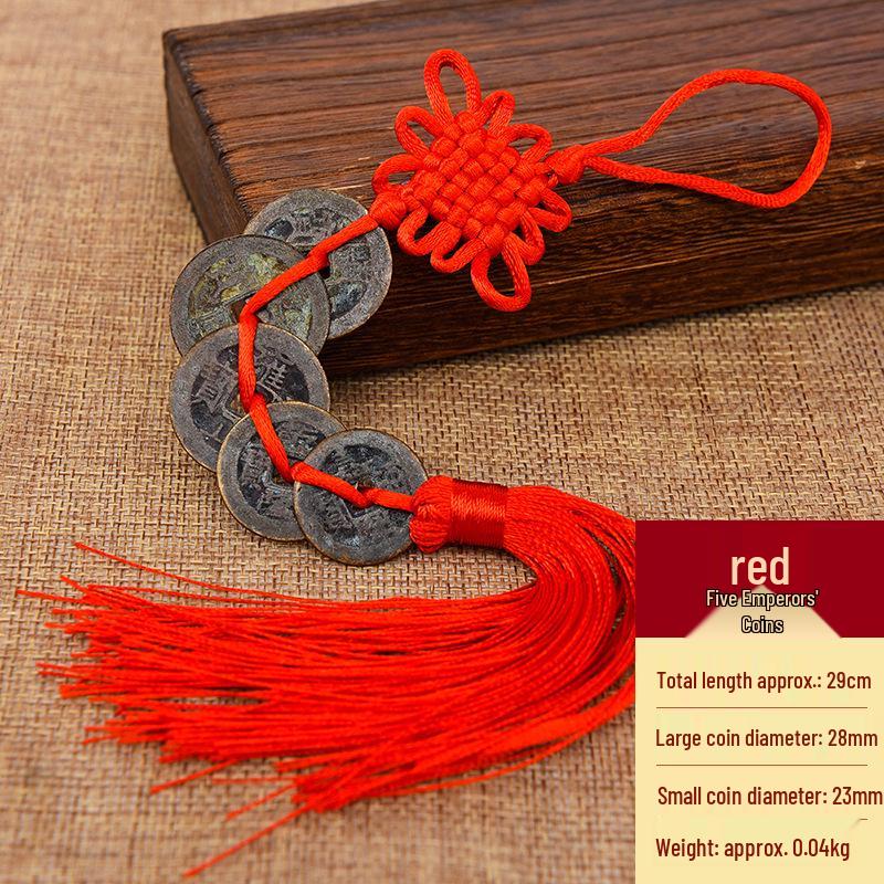 Pure Copper Chinese Lucky Knot Pendant with Five, Six, and Ten Emperor Coins - Door or Threshold Decoration.