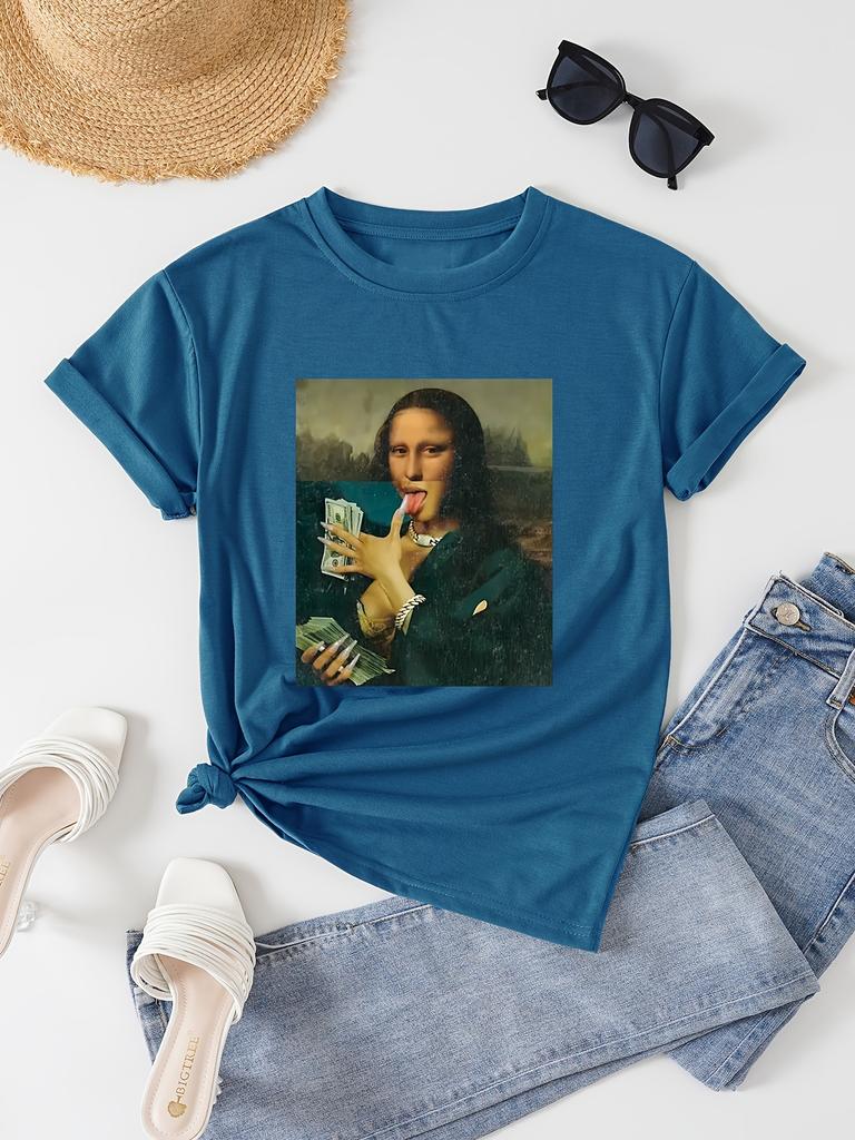 Tricou Damă Parodie Mona Lisa Cash - Grafică Artistică Amuzantă, Top Negru Casual