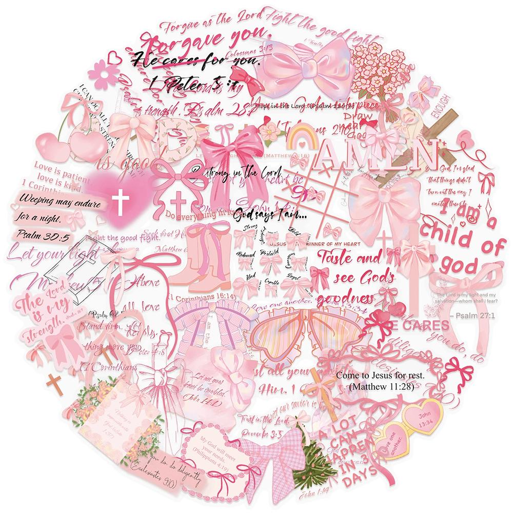 10/30/50pcs Transparent Bible Christ Phrases Stickers Pink Bow Aesthetic Decals DIY Luggage Guitar Notebook Cute Cartoon Sticker