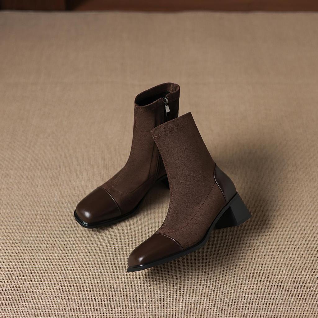 Krazing Pot Microfiber Flock Square Toe Med Heels Elastic Boots Size 43 Zipper Women Basic Design Ankle Boots