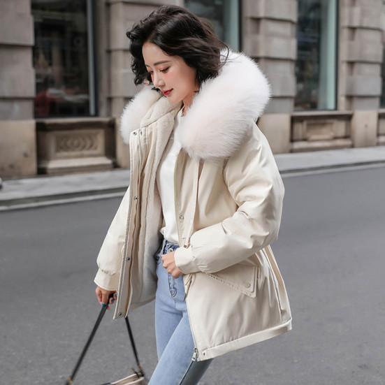 Women Padded Jacket Thickened Plush Lined Coat with Drawstring Waist Winter Warm Puffer