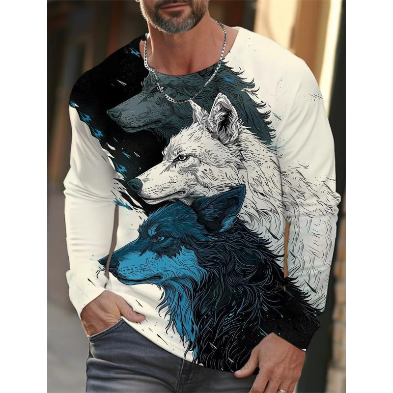 Autumn and Winter Men's Wolf 3D Printed Crew Neck Long Sleeve T-Shirt