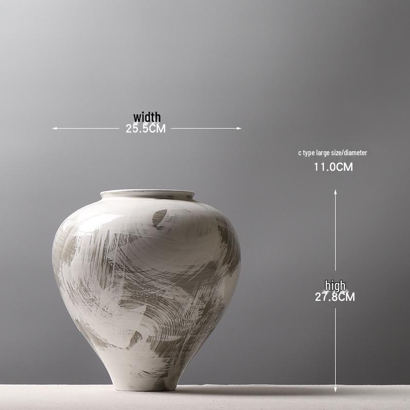 Large Modern Minimalist Chinese Zen White Glazed Art Pottery Vase with Hand-Painted Sweep Stroke Pattern