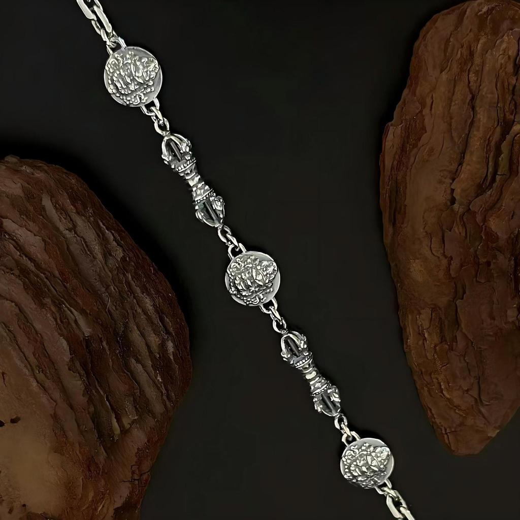 Náramek s Buddhovou sochou boha bohatství a Vadžrou ze sterlingového stříbra S925 pro ženy - Originální niche design