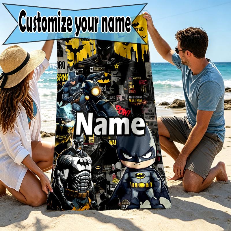 Custom Name Personalized Batman Print Beach Towel, for Trip Camping Beach Party Home Decor, Birthday Gift for Family & Friends