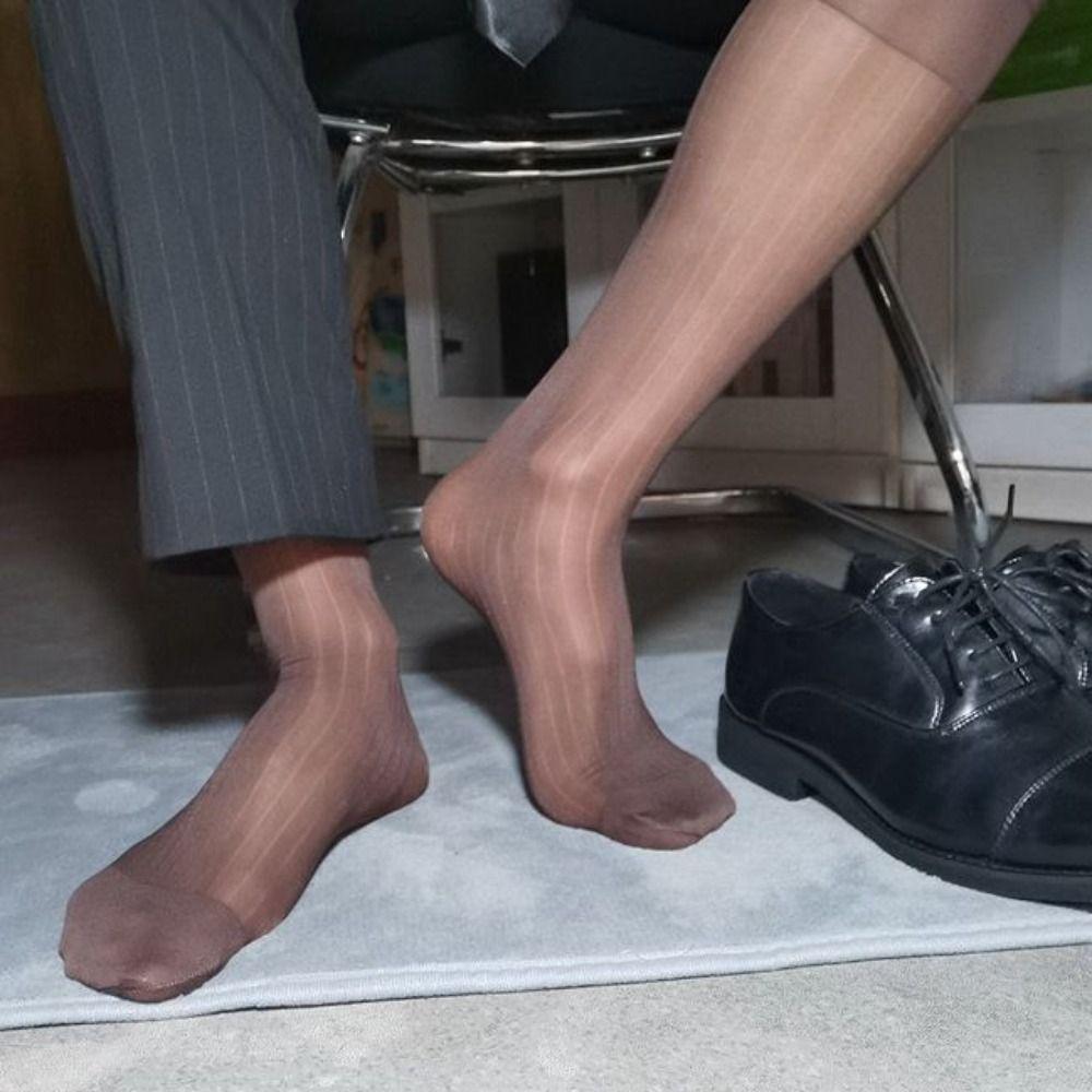 Middle Tube Solid Color Business Stockings Translucent Wide Striped Silk Socks  Business